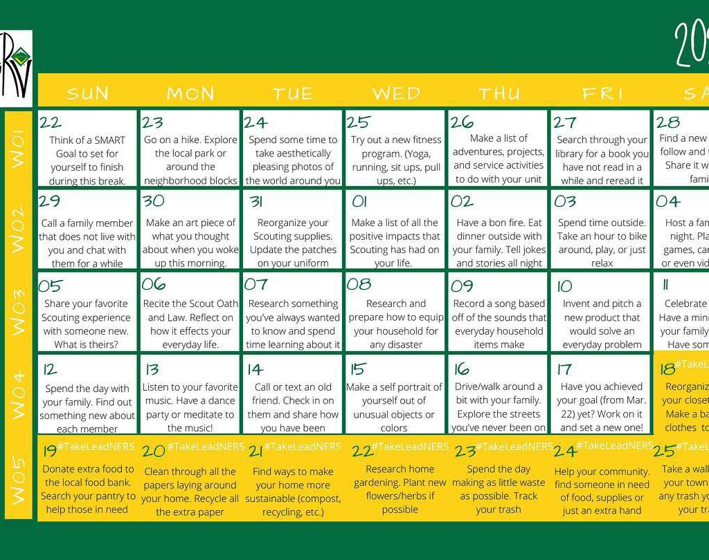 Venturing 30-day challenge calendar from Northeast Region Area 5