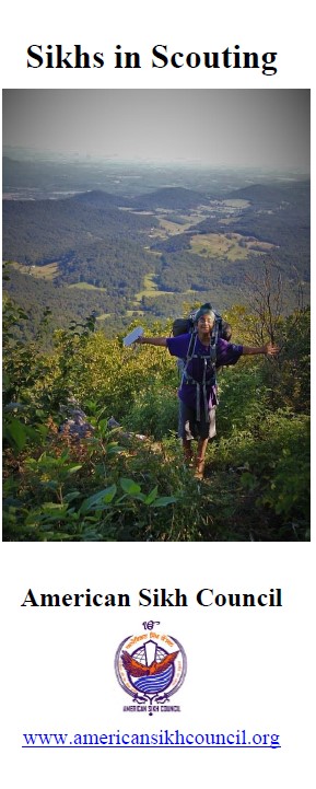 Brochure cover for American Sikh Council shows a Sikh Scout hiking on a hillside with a grand view