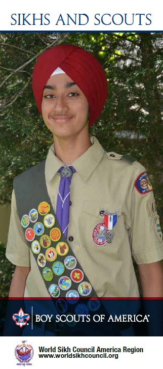 Brochure cover for Sikhs and Scouting depicts a smiling Sikh Eagle Scout