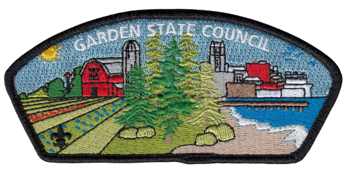 The Council Shoulder Patch for Garden State Council BSA shows the diverse landscapes of South Jersey, including farms, pine barrens, city, and the bank of the Delaware River.