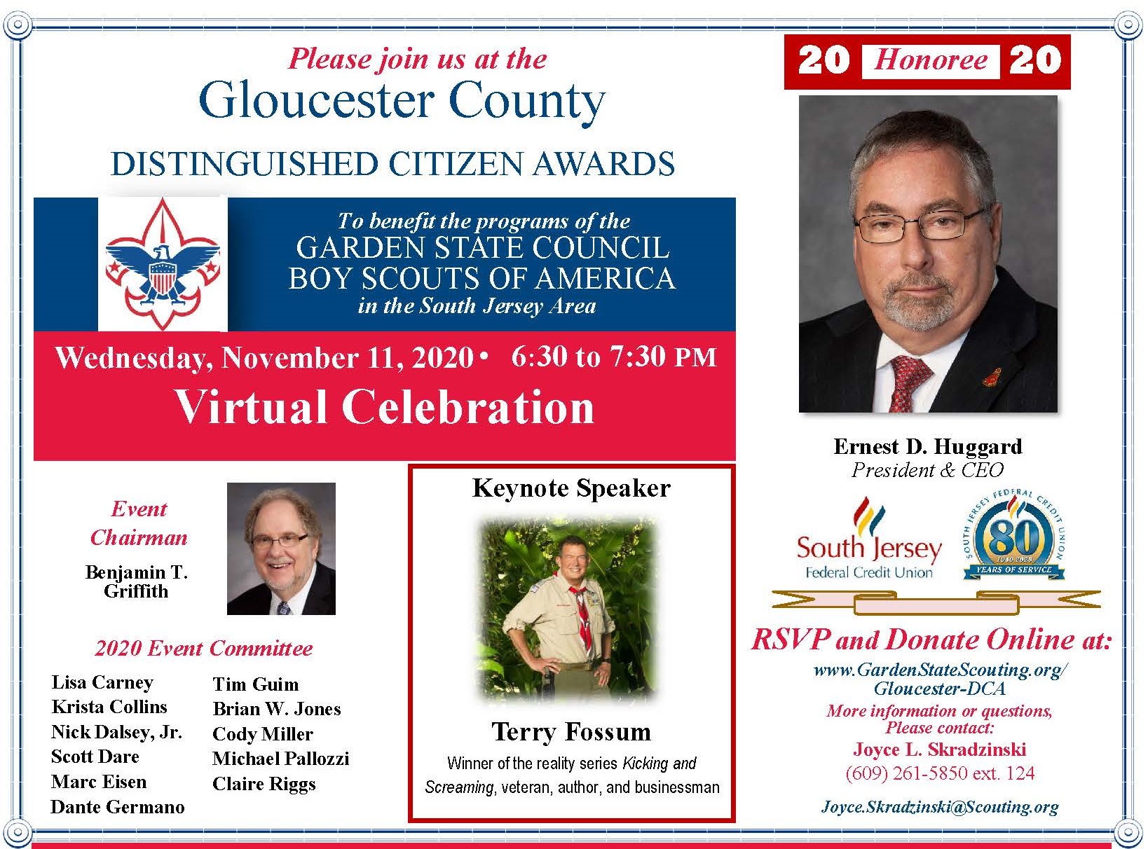 Garden State Council BSA's Gloucester County Distinguished Citizen of the Year for 2020 is Ernest D. Huggard, who will be celebrated on 11/11 at a virtual celebration.