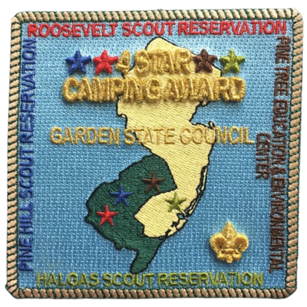 Garden State Council's 4-star camping award patch is square with the state of NJ in the middle and the names of each of our camping properties around the edges
