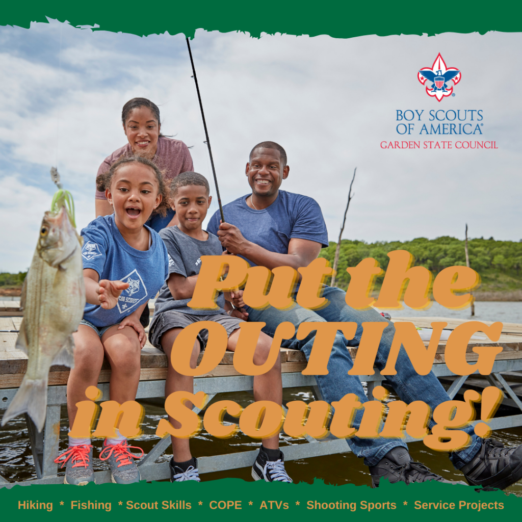 A happy family is fishing from a dock and putting the Outing in Scouting.