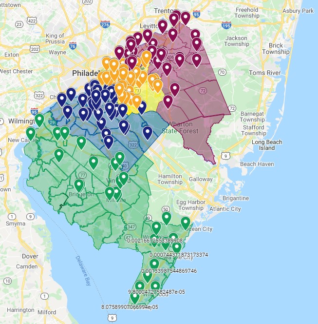 A map depicting 6 counties in southern New Jersey, divided into 4 Districts.