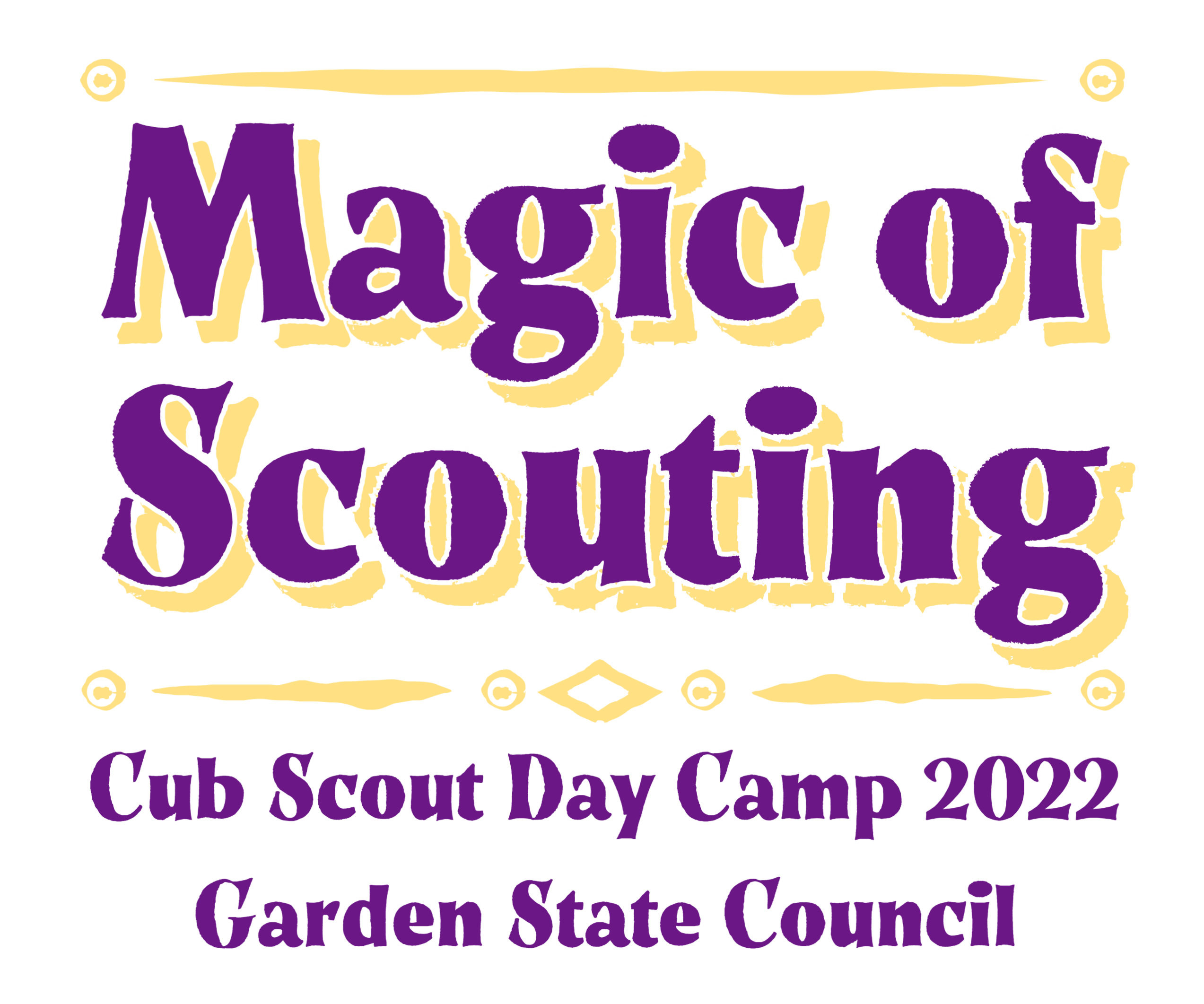 The Magic of Scouting logo is purple and gold in a whimsical font