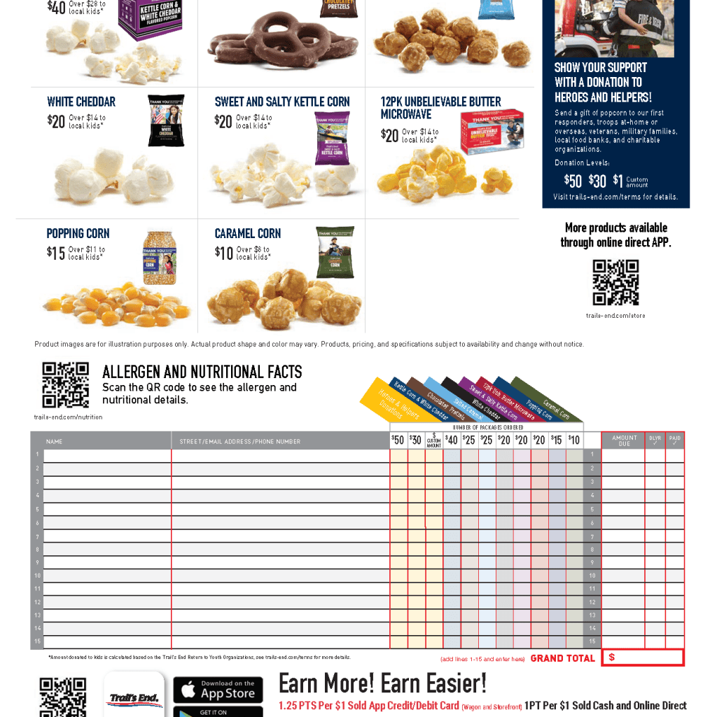 Popcorn product images and an order form for the 2022 Trails End popcorn fundraiser