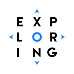 The letters in the word EXPLORING written to make a box with the O in the middle in a contrasting color. Compass points in that same color sit outside the letters at the top, bottom, and each side.