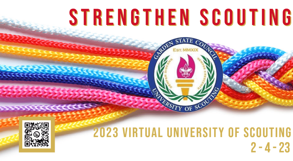 Eight different colored strands of paracord come together to form a braid. Over the point of connection is a logo for University of Scouting. Above the strands are the words Strenghten Scouting in red.