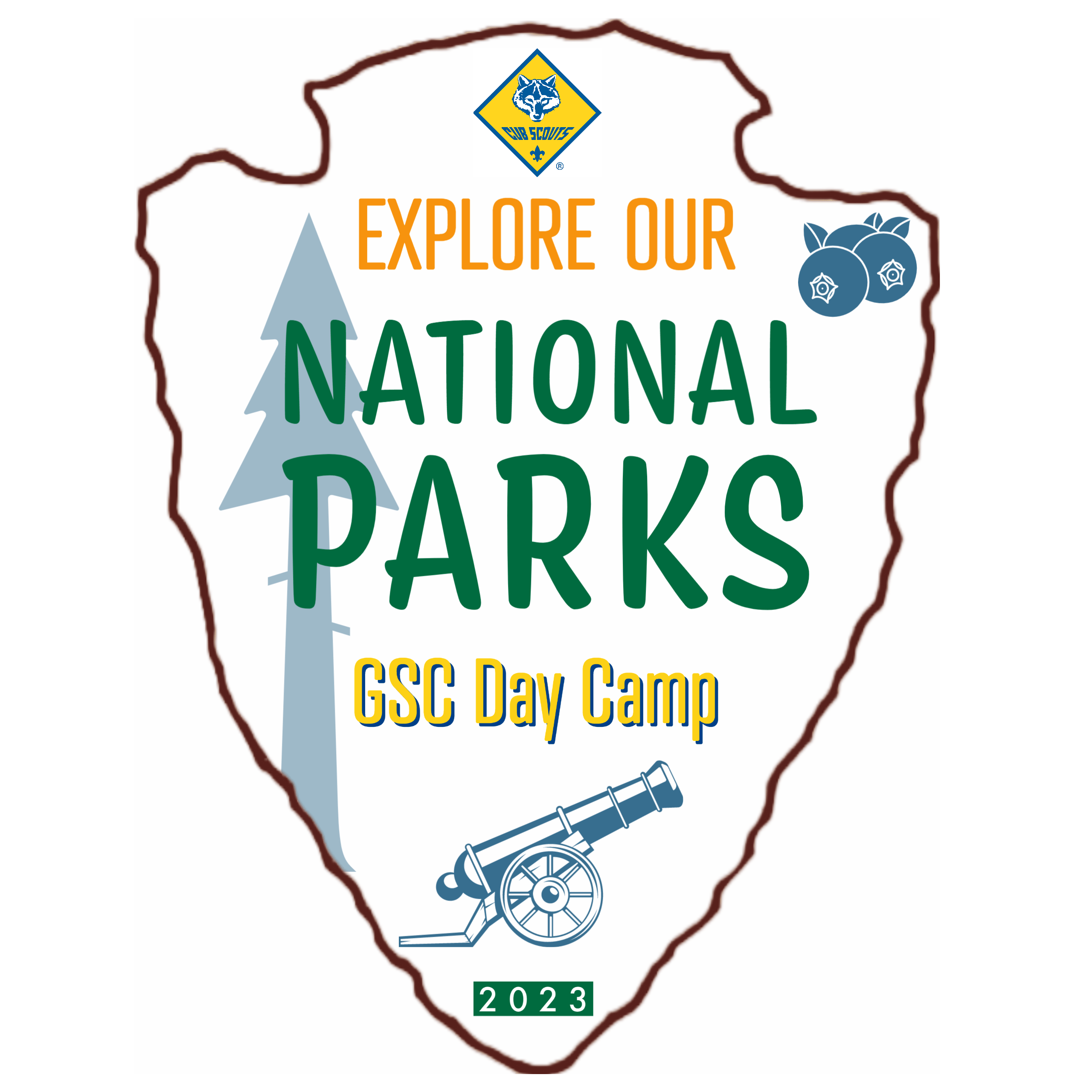 Logo for Garden State Council's 2023 Cub Day Camp is the arrow head shape of the National Parks logo with the words "Explore our National Parks" inside the border.