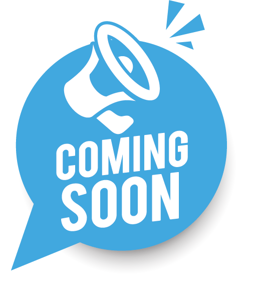 A blue speech bubble with the words "coming soon" in white