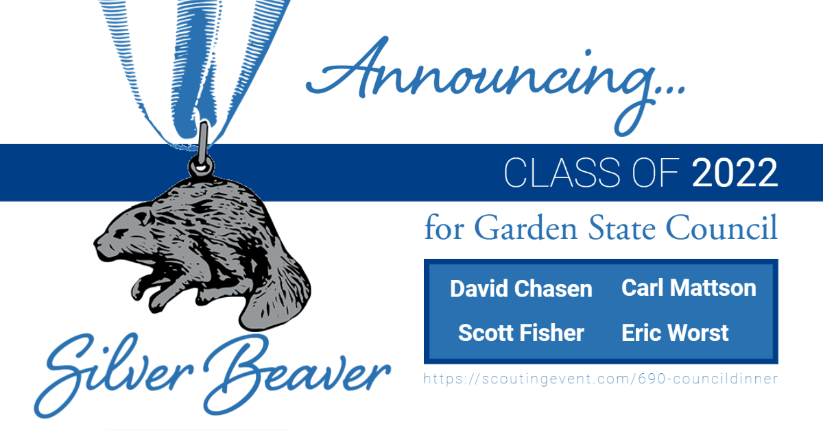 Blue and white card announcing the Class of 2022 Silver Beaver Award honorees for Garden State Council, BSA
